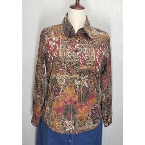 Coldwater Creek Womens Medium Button Down Shirt Paisley Burgundy Floral Stretch